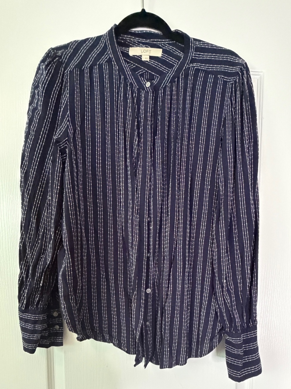 LOFT Stripe Button-Down Blouse Navy White Size Large